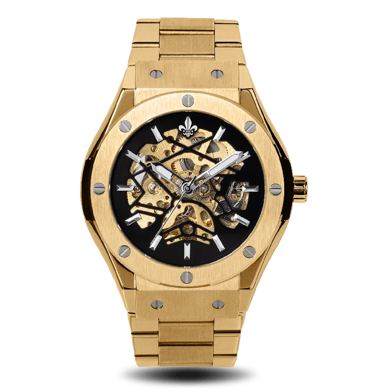 men's mechanical watches with metal style straps -Prague Skeleton Automatic Deluxe - Gold + Gold Link Strap men's mechanical watches with metal style straps -Prague Skeleton Automatic Deluxe - Gold + Gold Link Strap