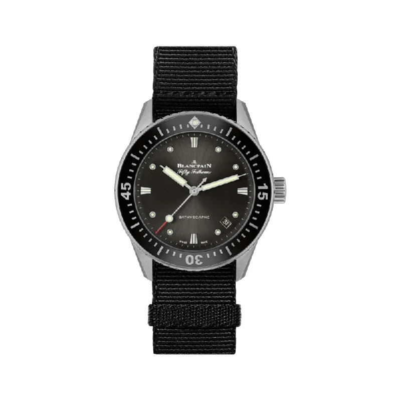 men's chronograph watches with silicone straps -Fifty Fathoms Bathyscaphe 38mm - Black on One Piece Nylon Strap