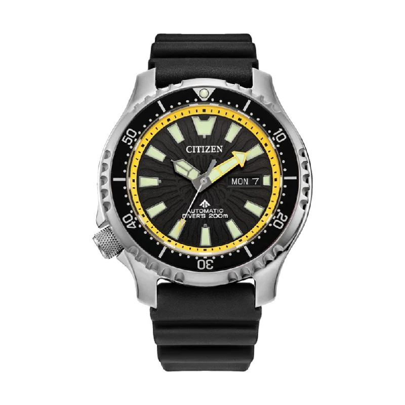 men's field watches with alarm design -Promaster Dive Automatic FUGU Black Dial, Yellow Accents