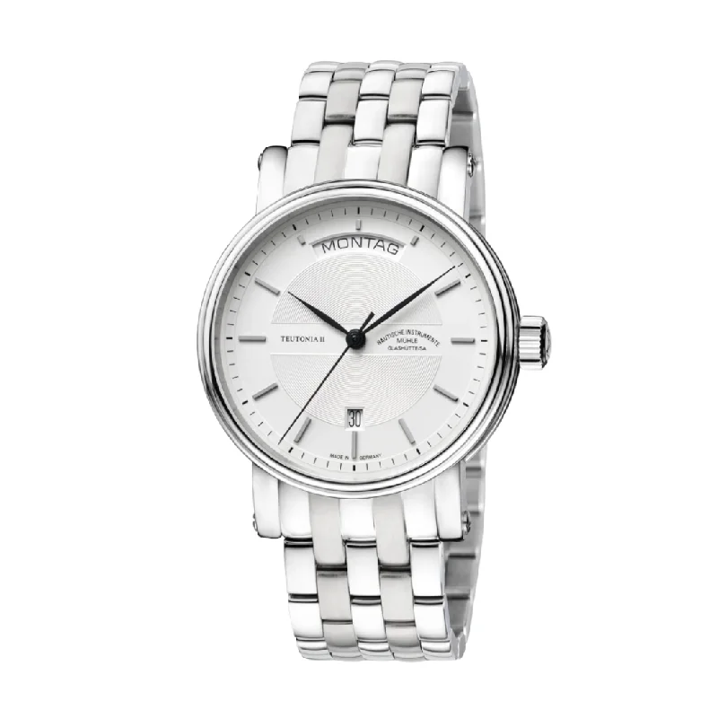 men's mechanical watches with spring drive display -MÜHLE-GLASHÜTTE TEUTONIA II DAY/DATE M1-33-65-MB AUTOMATIC METAL STRAP MEN WATCH
