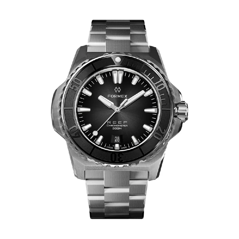 men's digital watches with leather style straps -REEF Automatic Chronometer COSC 300M Black Bezel