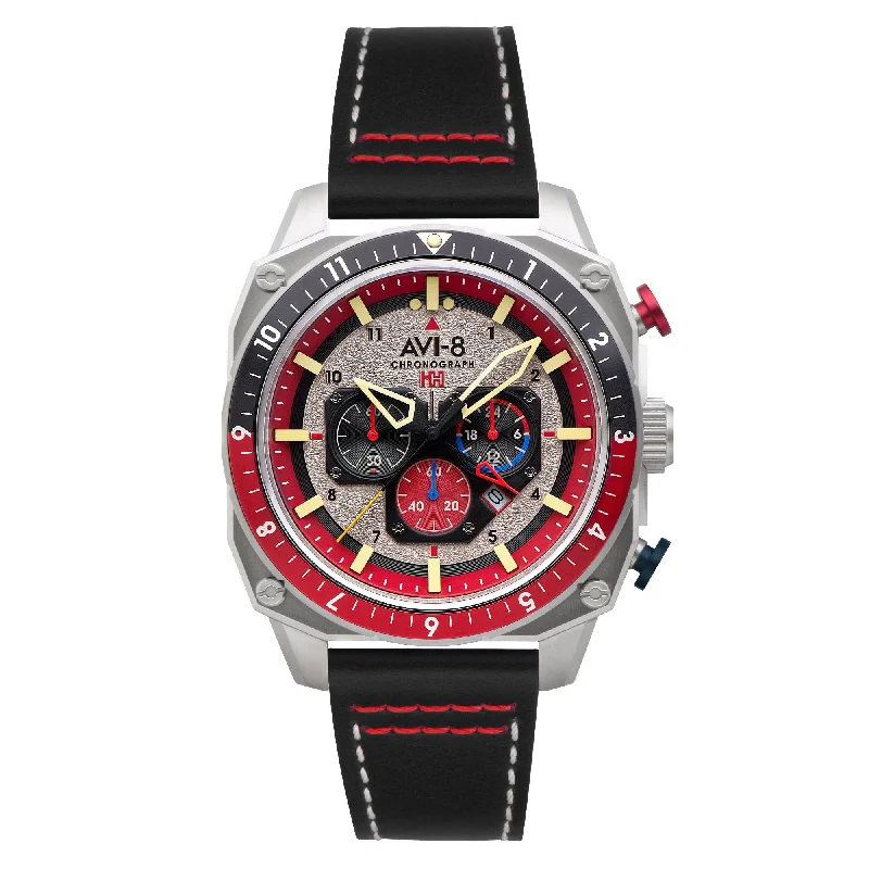 men's pilot watches with C3 SuperLuminova design -AVI-8 Hawker Hunter Atlas Dual Time Chronograph Hazard Red