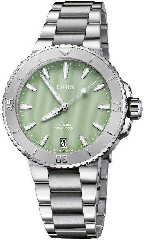 women's mechanical watches with durable design -Oris Aquis Date Seafoam Green