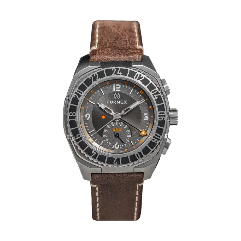 men's digital watches with 24-hour style design -Stratos UTC Automatic 41mm - Grey on Leather Strap men's digital watches with 24-hour style design -Stratos UTC Automatic 41mm - Grey on Leather Strap
