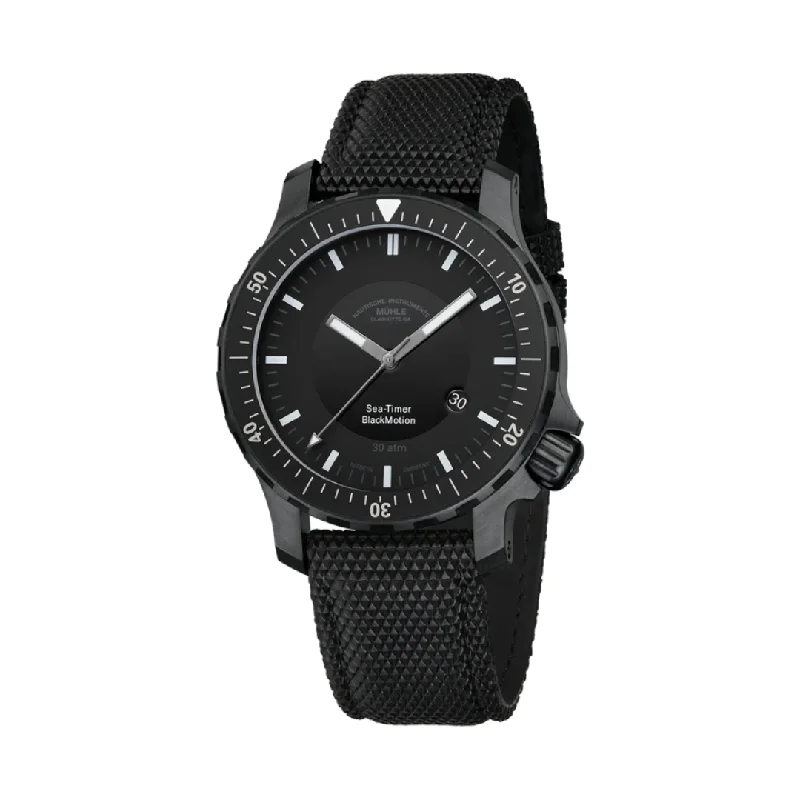 men's mechanical watches with tide display -MÜHLE-GLASHÜTTE SEA-TIMER BLACKMOTION M1-41-83-CB AUTOMATIC TEXTILE STRAP MEN WATCH