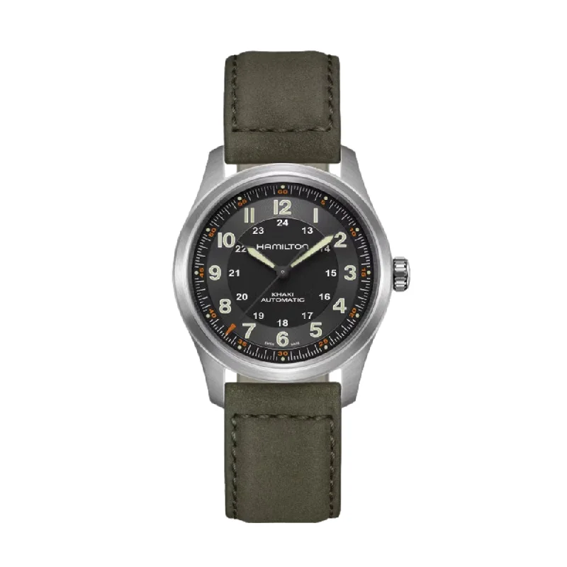 men's chronograph watches with magnifying design -Khaki Field Titanium Auto 38mm - Black on Leather Strap men's chronograph watches with magnifying design -Khaki Field Titanium Auto 38mm - Black on Leather Strap