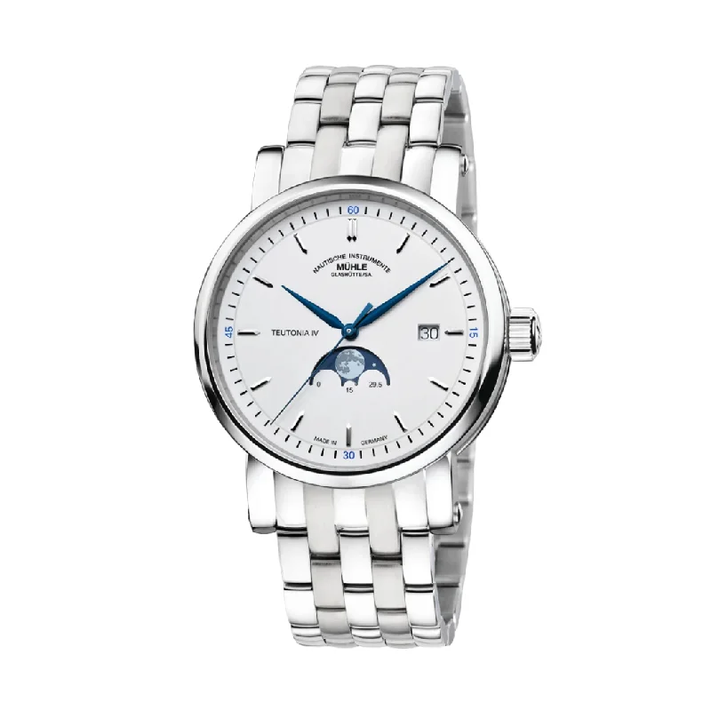 men's mechanical watches with hand-wound display -MÜHLE-GLASHÜTTE TEUTONIA IV MOONPHASE M1-44-05-MB AUTOMATIC METAL STRAP MEN WATCH