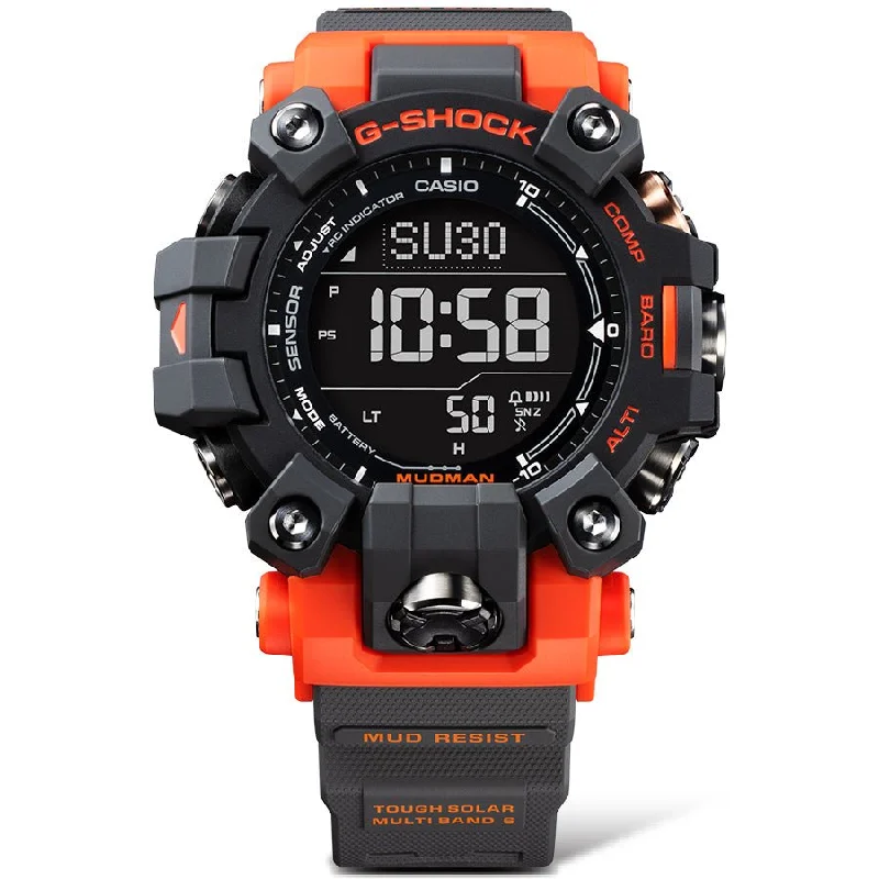 stylish men's skeletonized watches with mesh bracelet -G-Shock GW9500 Mudman Orange Gray
