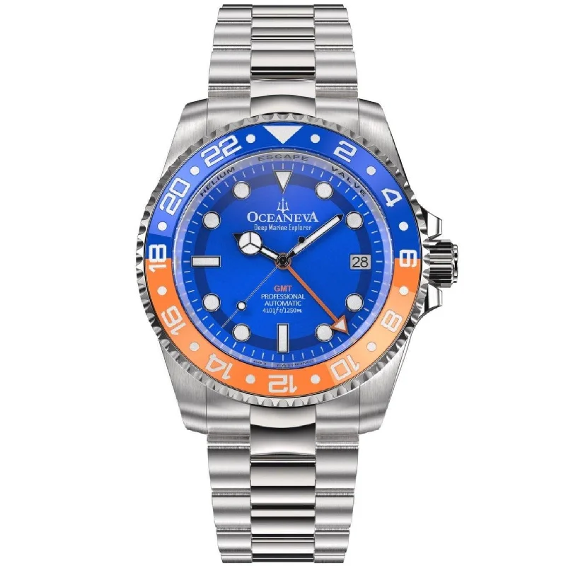 men's skeletonized watches for casual wear -Oceaneva Deep Marine Explorer GMT Automatic 1250M Pro Diver Blue Orange