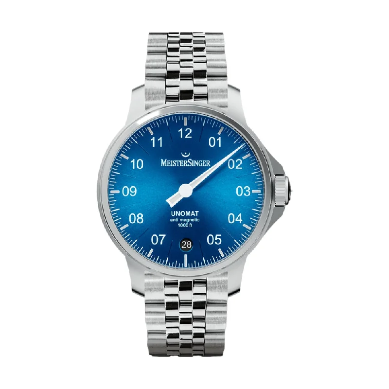 men's GMT watches with BGW9 SuperLuminova style design -Unomat Medium Blue Dial 43mm on Stainless Steel Link Bracelet