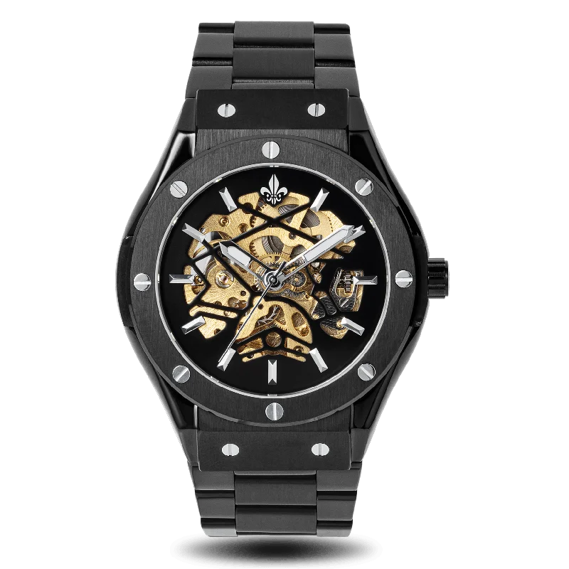 men's mechanical watches with leap year design -Prague Skeleton Automatic Deluxe - Black + Black Link Strap men's mechanical watches with leap year design -Prague Skeleton Automatic Deluxe - Black + Black Link Strap