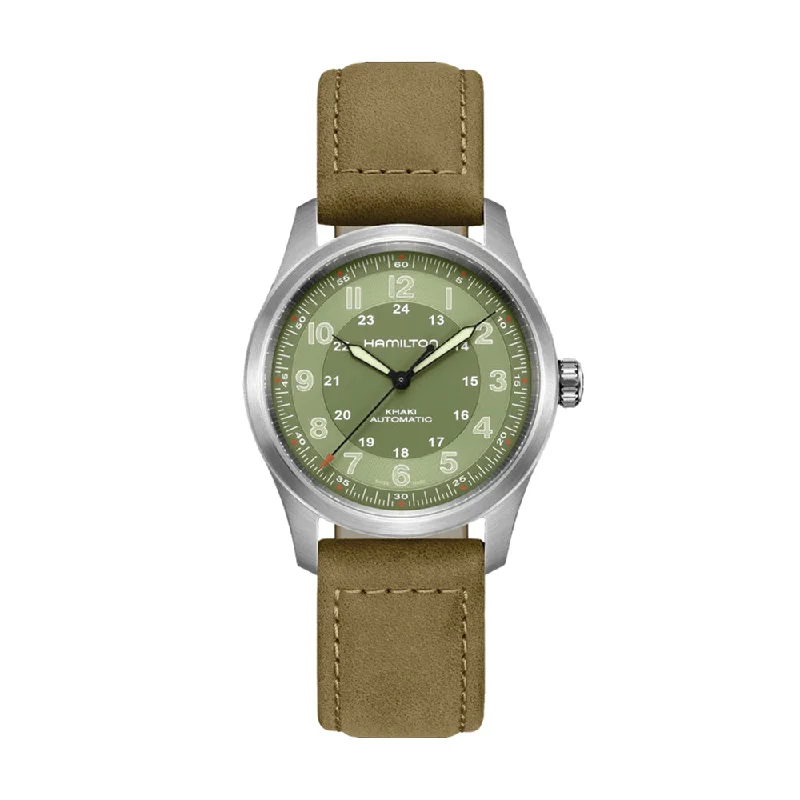 best men's dive watches -Khaki Field Titanium Auto 38mm - Green on Leather Strap
