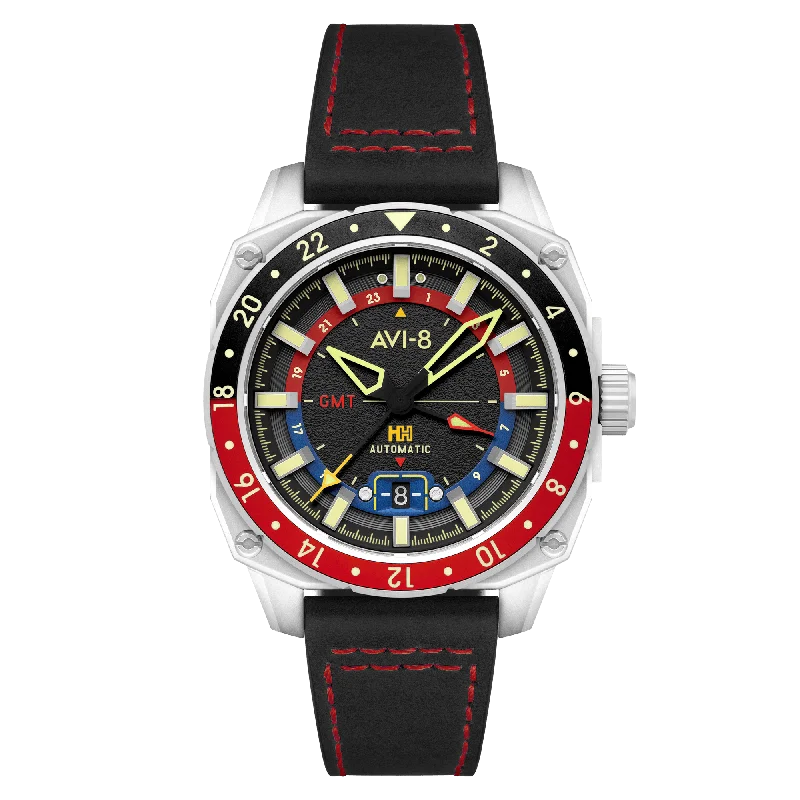 men's pilot watches with logo engraving design -AVI-8 Hawker Hunter Atlas Gmt Automatic Devil Black