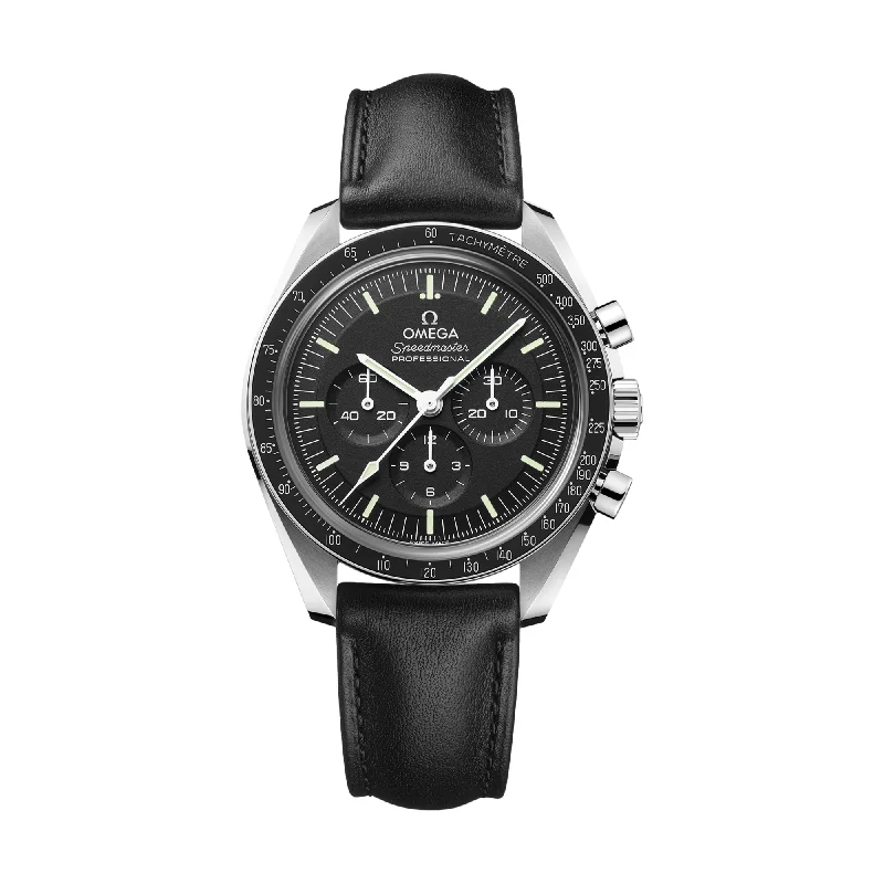 men's stainless steel chronograph watches -Speedmaster Moonwatch Professional Co‑Axial Master Chronometer Sapphire 42mm - Black on Leather Strap