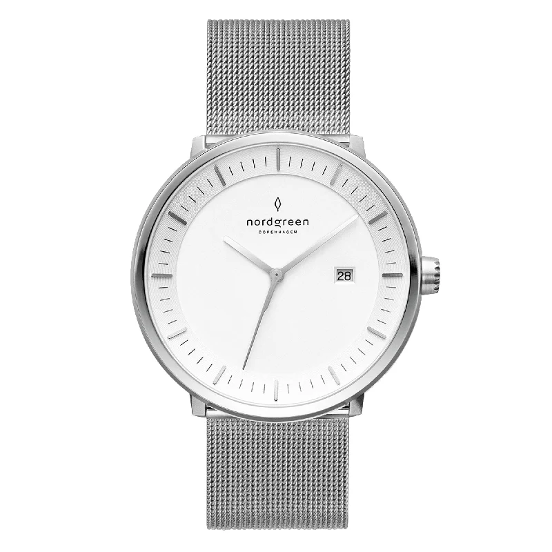 Unisex Romantic Dinner Style Watches-Nordgreen Philosopher Silver Mesh 40mm Silver Case Watch Unisex Romantic Dinner Style Watches-Nordgreen Philosopher Silver Mesh 40mm Silver Case Watch