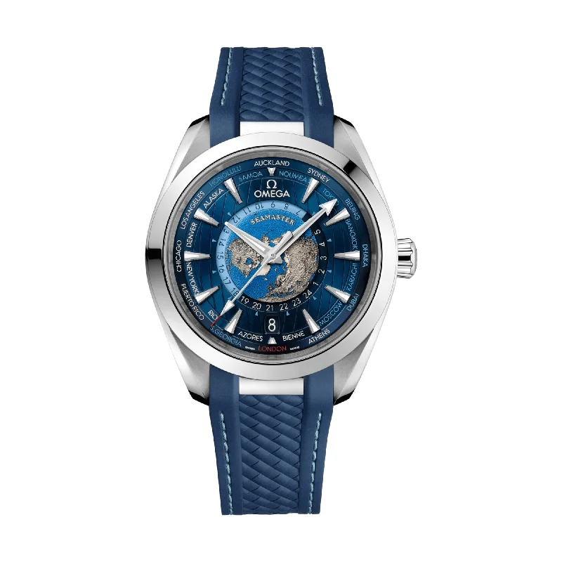 men's pilot watches with logo engraving design -Seamaster Aqua Terra 150M Co-Axial Master Chronometer GMT Worldtimer 43mm - Blue on Rubber Strap men's pilot watches with logo engraving design -Seamaster Aqua Terra 150M Co-Axial Master Chronometer GMT Worldtimer 43mm - Blue on Rubber Strap