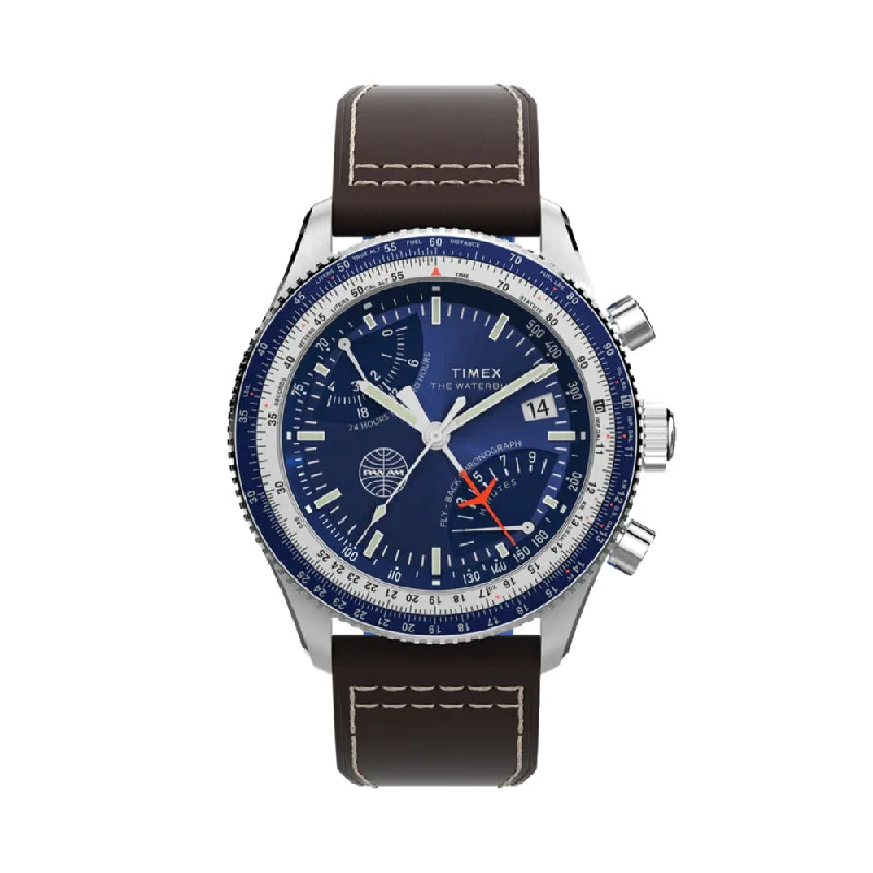 men's field watches with glow-in-the-dark style design -Fly Back Chronograph x Pan Am® 43mm - Blue on Leather Strap men's field watches with glow-in-the-dark style design -Fly Back Chronograph x Pan Am® 43mm - Blue on Leather Strap