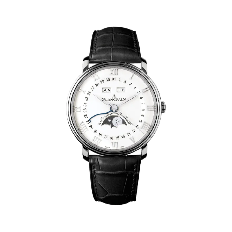 men's field watches with C3 SuperLuminova style design -Villeret Quantième Complet SS 40mm - White on Black Leather Strap men's field watches with C3 SuperLuminova style design -Villeret Quantième Complet SS 40mm - White on Black Leather Strap