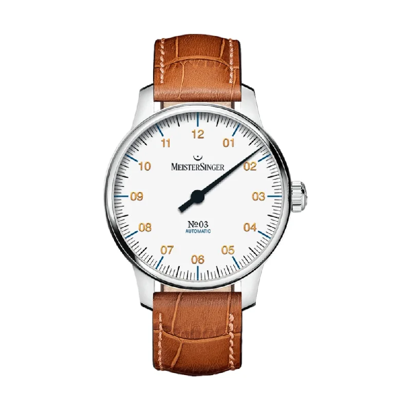 men's field watches with spring drive style design -N°03 White Dial 38mm on Cognac Croco Print Leather Strap men's field watches with spring drive style design -N°03 White Dial 38mm on Cognac Croco Print Leather Strap
