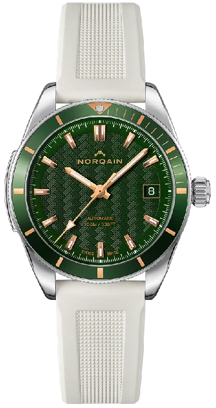 women's mechanical watches with day-night design -Norqain Adventure 37mm Green & Gold White Rubber