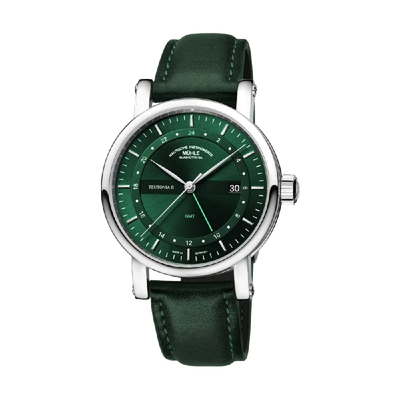 men's dive watches with concave glass -Teutonia II GMT Green Dial 41mm on Green Leather Strap