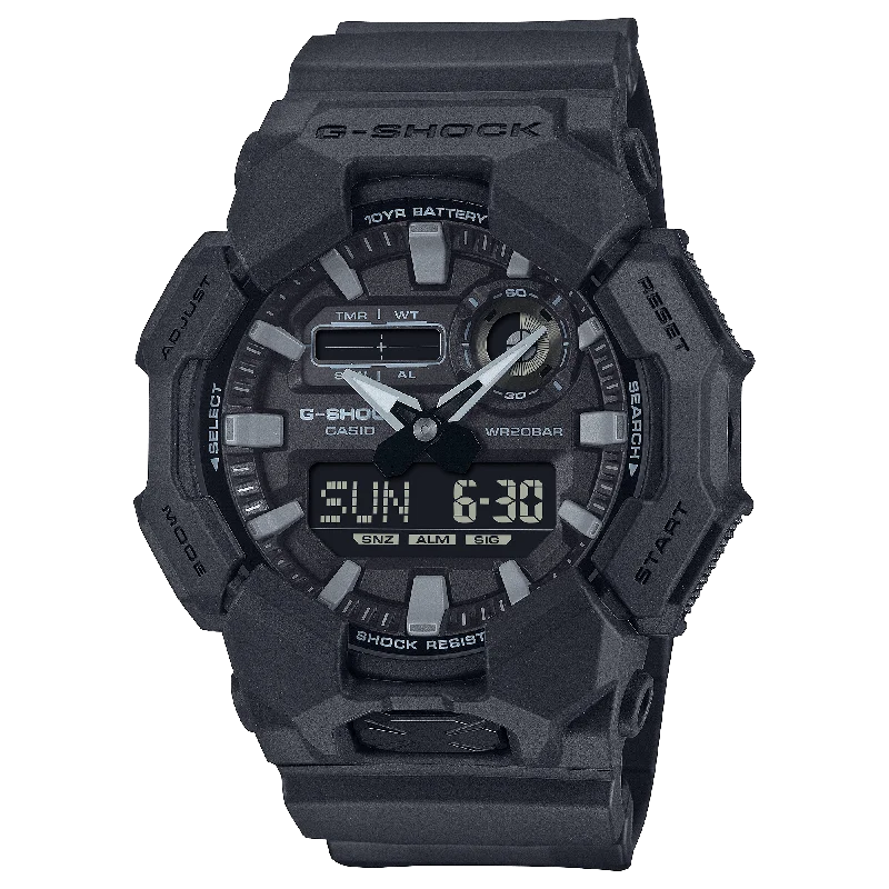 men's skeletonized watches with alligator strap -G-Shock GA010 10 Year Battery Ana-Digi All Black