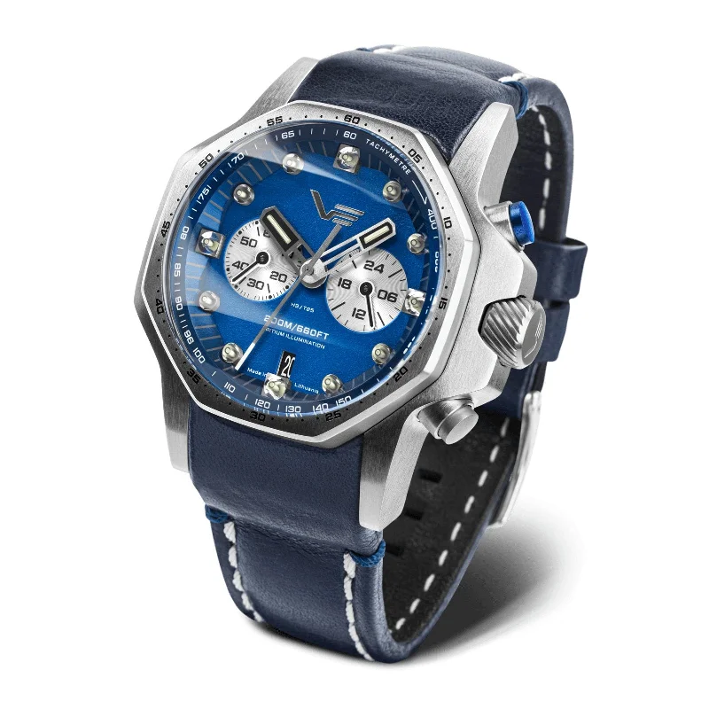 men's skeletonized watches with polished steel finish -Vostok Europe Atomic Age Andrei Sakharov Chronograph Blue Limited Edition