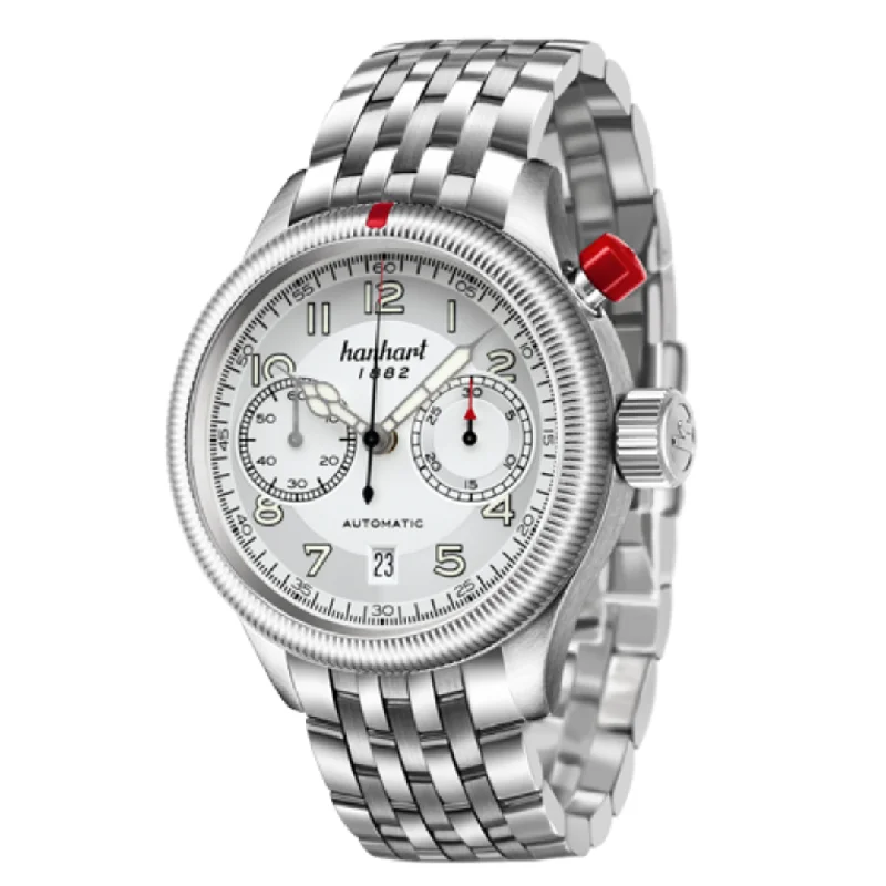 men's Seiko date magnifier design watches -HANHART PIONEER MONOCONTROL 723.220-6428 STAINLESS STEEL MEN WATCH