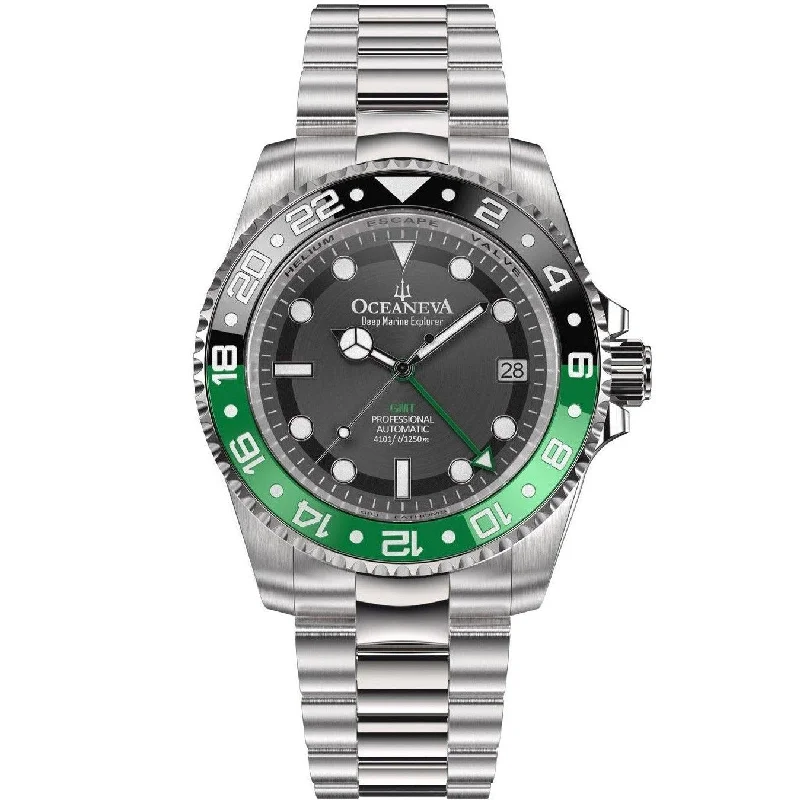 high-performance men's skeletonized watches with chronograph -Oceaneva Deep Marine Explorer GMT Automatic 1250M Pro Diver Green Black