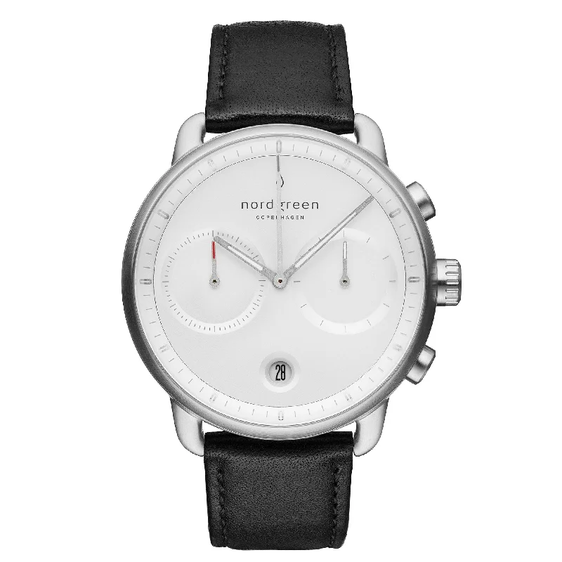 Unisex Valentine's Day Style Watches-Nordgreen Pioneer Black Leather 42mm Silver Case Watch Unisex Valentine's Day Style Watches-Nordgreen Pioneer Black Leather 42mm Silver Case Watch