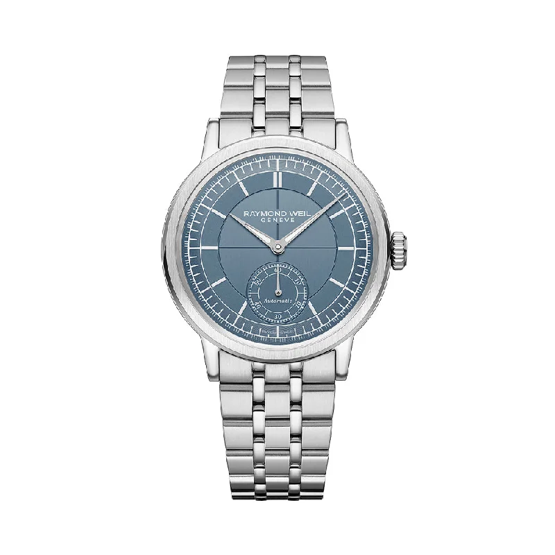 men's leather strap field watches -Millesime Men's Automatic Small Seconds Sector Dial 39.5mm - Blue on Bracelet