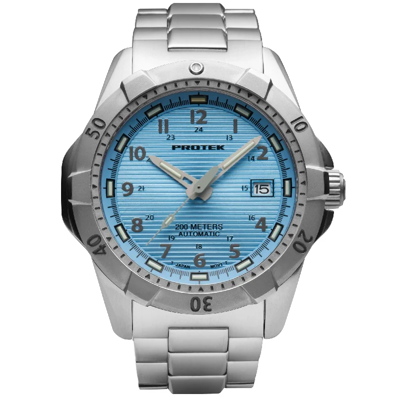 men's skeletonized watches for men with small wrists -ProTek Steel Dive PT2207BR Automatic SS Light Blue men's skeletonized watches for men with small wrists -ProTek Steel Dive PT2207BR Automatic SS Light Blue