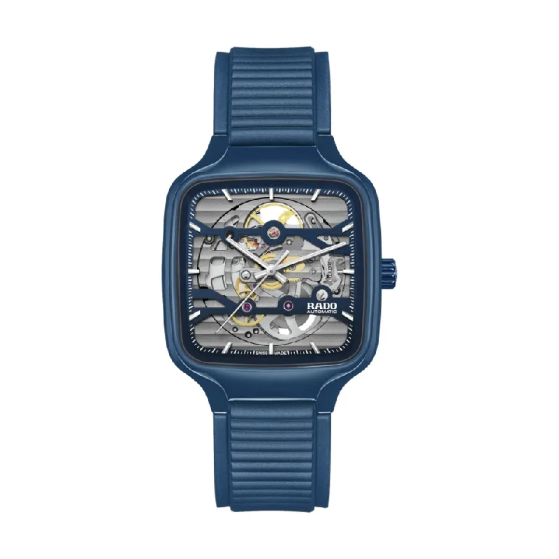 entry-level-mechanical-True Square Automatic 38mm - Silver on Blue Rubber Strap
