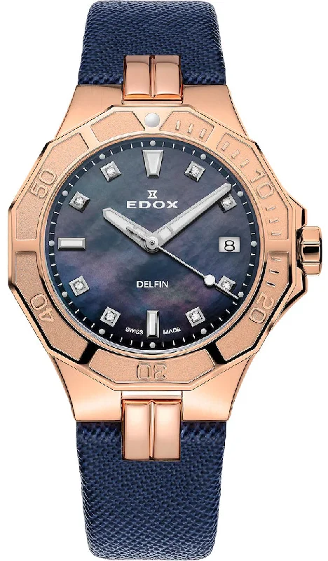 women's mechanical watches with interchangeable style straps -Edox Watch Delfin Diver Date Lady D