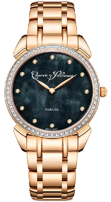 women's mechanical watches with mechanical display function -Cuervo y Sobrinos Watch Historiador Primera Dama Gold PVD Diamond Black Bracelet