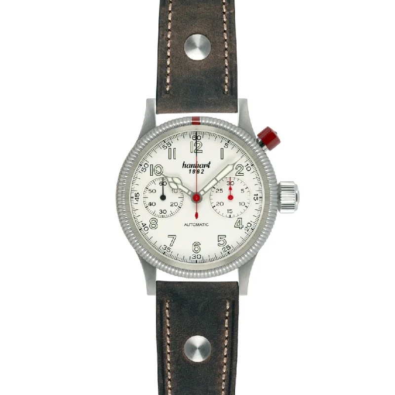 men's mechanical watches with spring drive display -HANHART MK I OFF-WHITE 714.200-0110 CALFSKIN LEATHER MEN WATCH