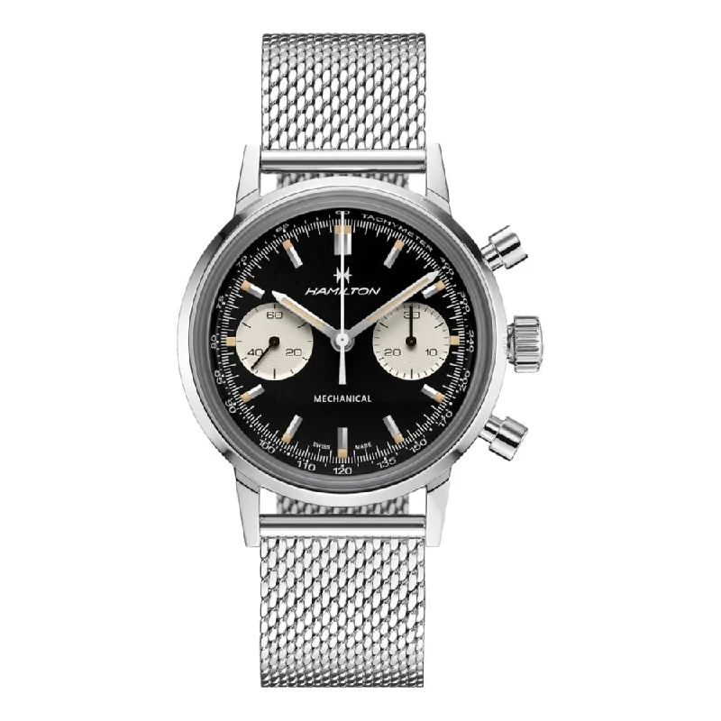 men's kinetic pilot watches -American Classic Intra-Matic Chronograph H Black Dial Mesh Bracelet