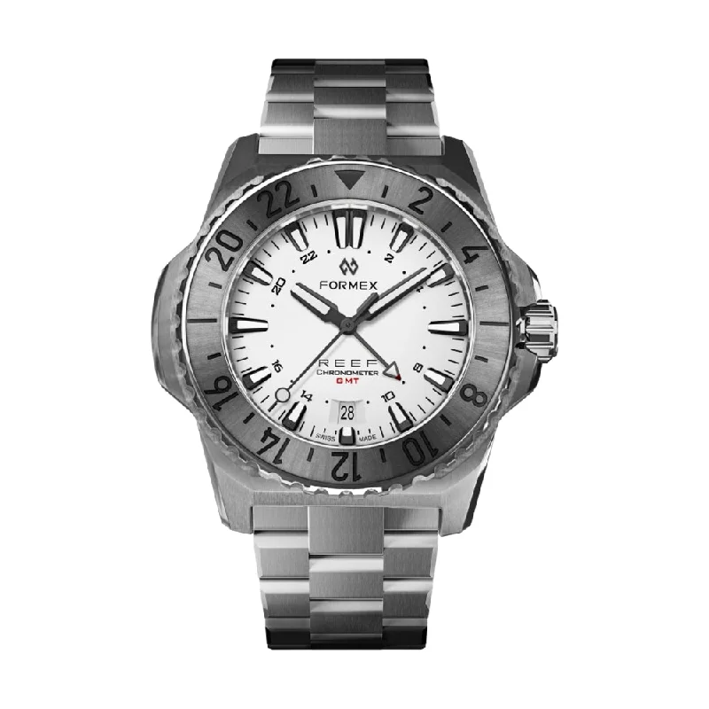 men's field watches with date magnifier design -REEF GMT White Dial Steel Bezel