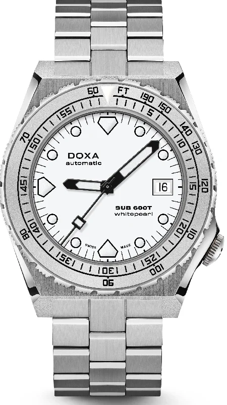 men's mechanical watches with solar display -Doxa SUB 600T Whitepearl Bracelet