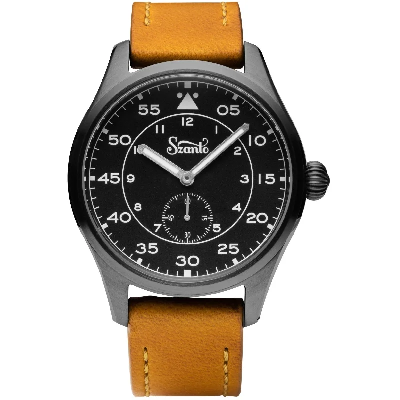 men's field watches with moon phase style design -Szanto Heritage Aviator Black Tan