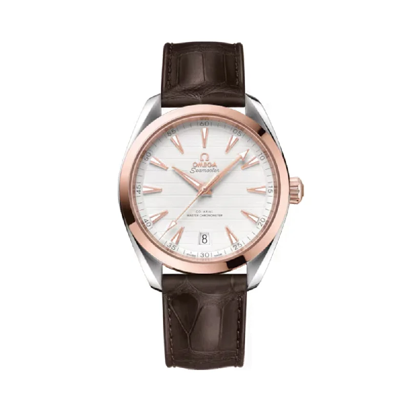 men's field watches with mineral glass -Seamaster Aqua Terra 150M Co-Axial Master Chronometer Sedna™ Gold and Steel 41mm - Silver on Leather Strap