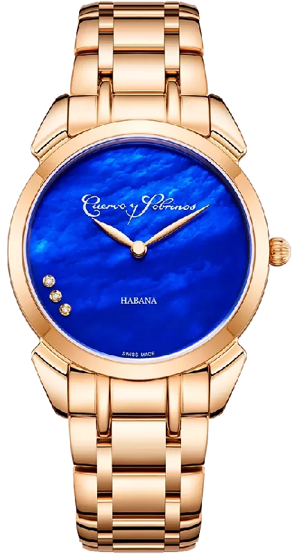 women's mechanical watches with chronograph display function -Cuervo y Sobrinos Watch Historiador Primera Dama Gold PVD Blue Bracelet