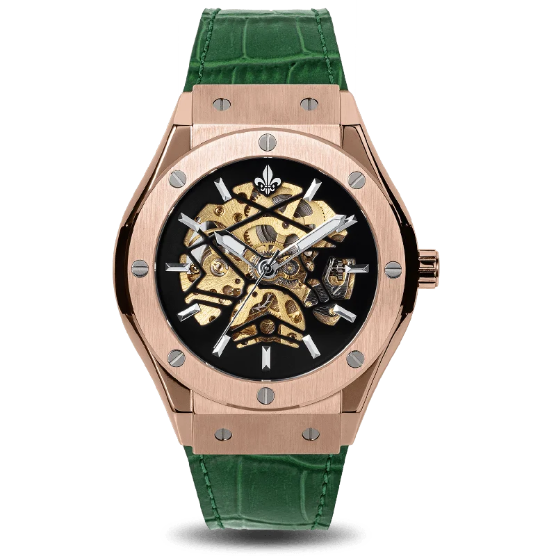 men's mechanical watches with magnifying design -Prague Skeleton Automatic Deluxe - Rose Gold + Green Leather Strap men's mechanical watches with magnifying design -Prague Skeleton Automatic Deluxe - Rose Gold + Green Leather Strap