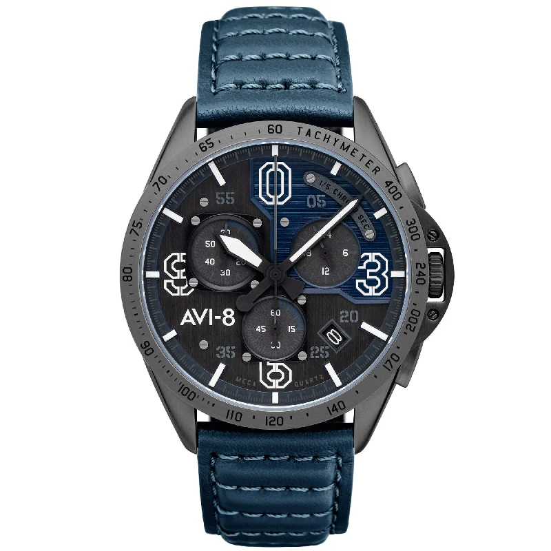 men's pilot watches with 12-hour style design -AVI-8 P51 Mustang Blakeslee Chronograph Air Blue