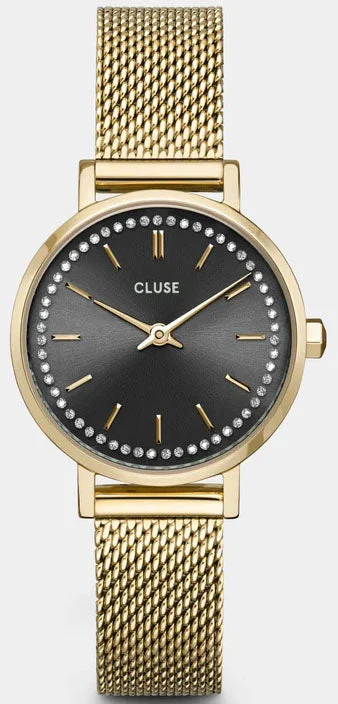 women's Swiss mechanical watches -Cluse Boho Chic Petite Crystals Mesh Grey Gold