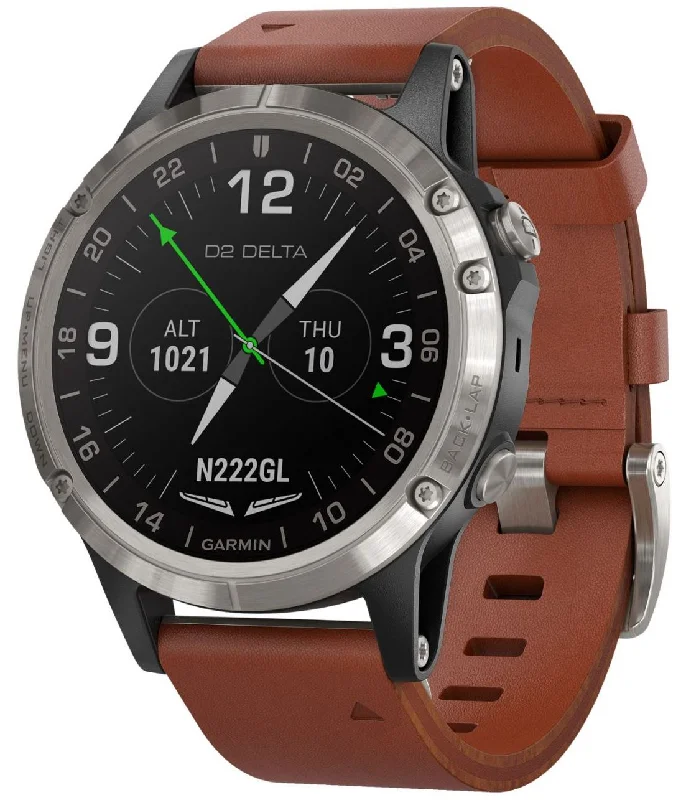 Mens Smart Watches Heart Rate Variability-Garmin Watch D2 Delta Aviator Watch Brown Leather Band