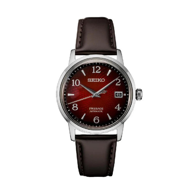 men's digital watches with GPS navigation -SRPE41 Presage Cocktail Time 38.5mm - Red on Leather Strap