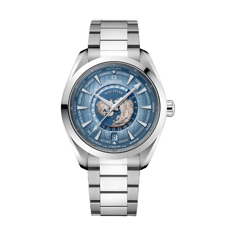 men's field watches with alarm style design -Seamaster Aqua Terra 150M Co-Axial Master Chronometer GMT Worldtimer 43mm - Summer Blue