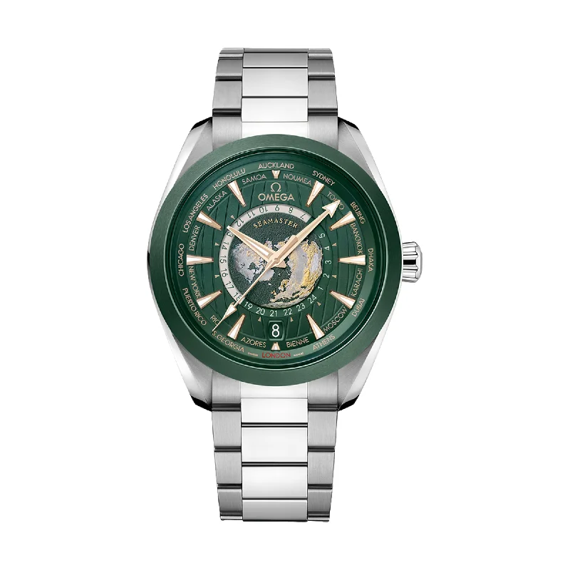men's pilot watches for everyday wear -Seamaster Aqua Terra 150M Co-Axial Master Chronometer GMT Worldtimer 43mm - Green men's pilot watches for everyday wear -Seamaster Aqua Terra 150M Co-Axial Master Chronometer GMT Worldtimer 43mm - Green