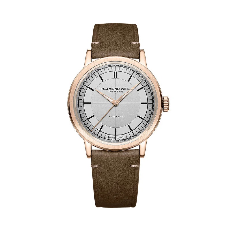 men's stainless steel field watches -Millesime Men's Automatic Sector Dial 39.5mm - Silver on Leather Strap